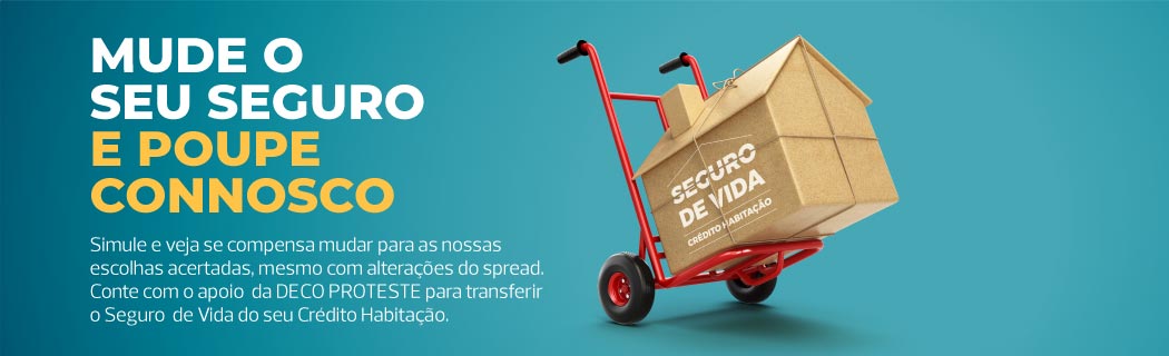 Casa de papel em cima de um carrinho de transporte em fundo azul. Lê-se a mensagem "Mude o seu seguro e poupe connosco"